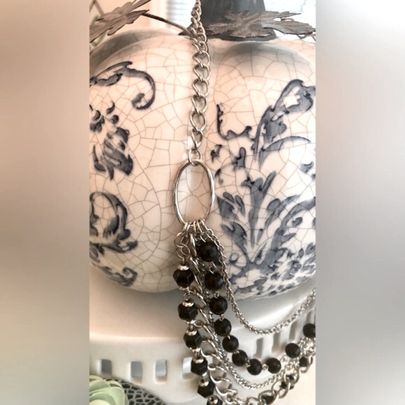 Multi Strand Silver Tone Chain and Black Bead Necklace - Picture 5 of 8